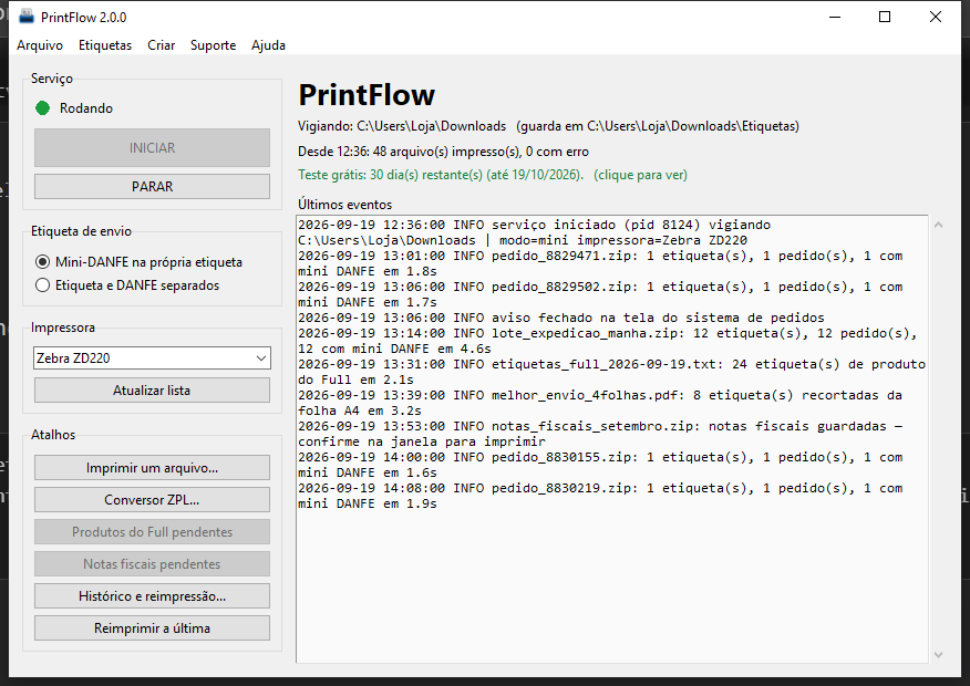 Tela principal do PrintFlow com o serviço em execução